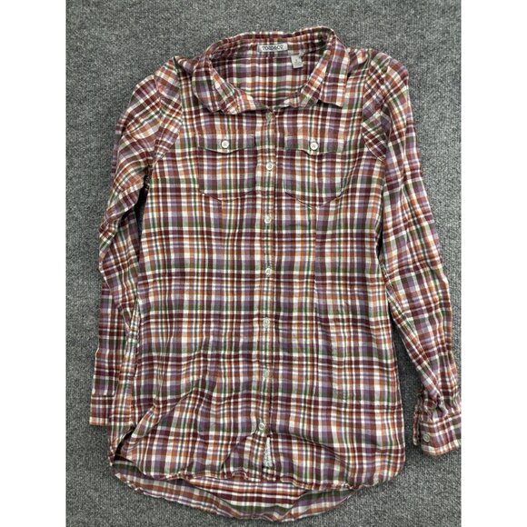 Toad&Co Shirt Womens Small Purple Orange Green Plaid Organic Cotton Button Up - Picture 1 of 7